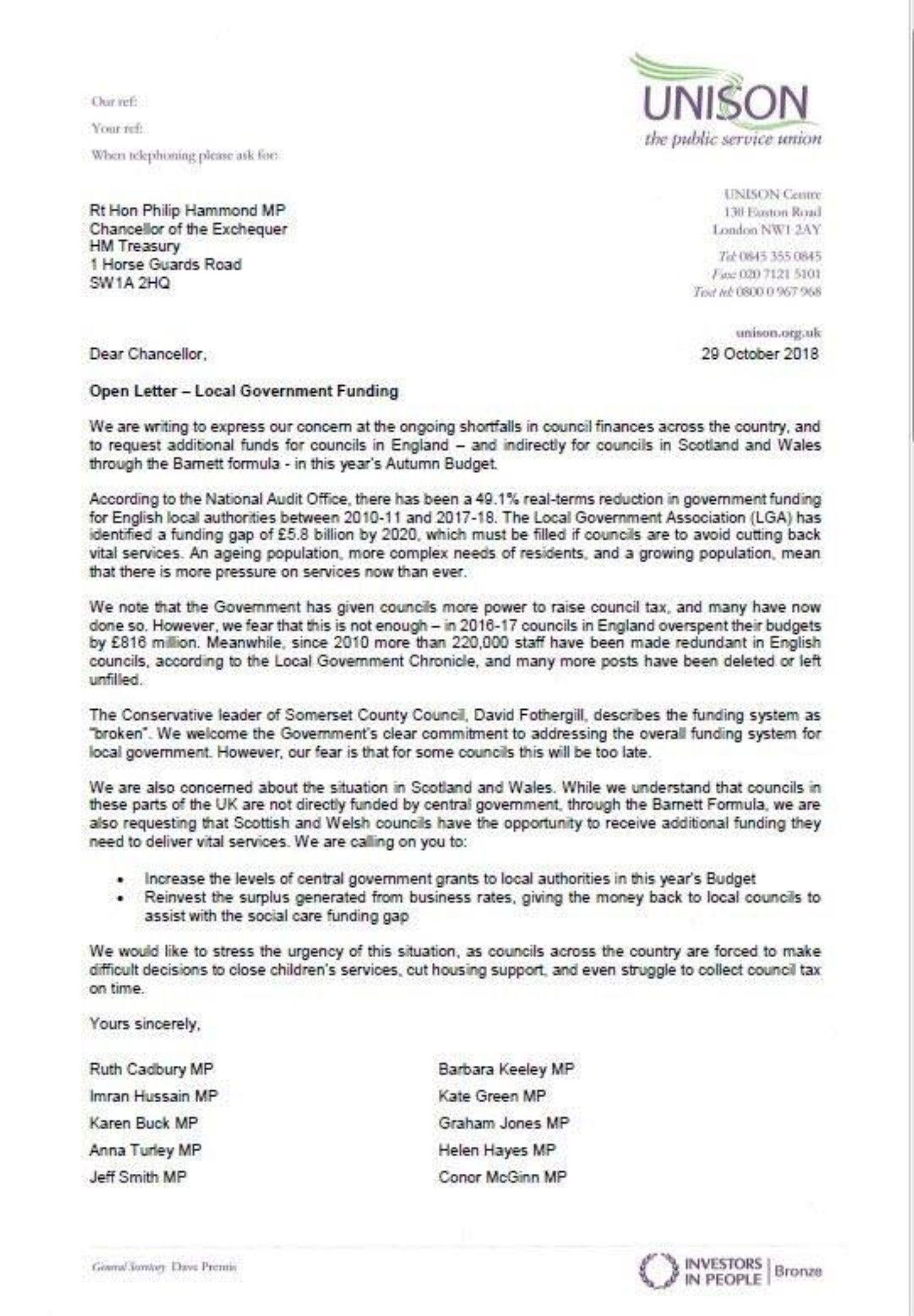 A open letter signed by Gareth Snell and numerous other MP