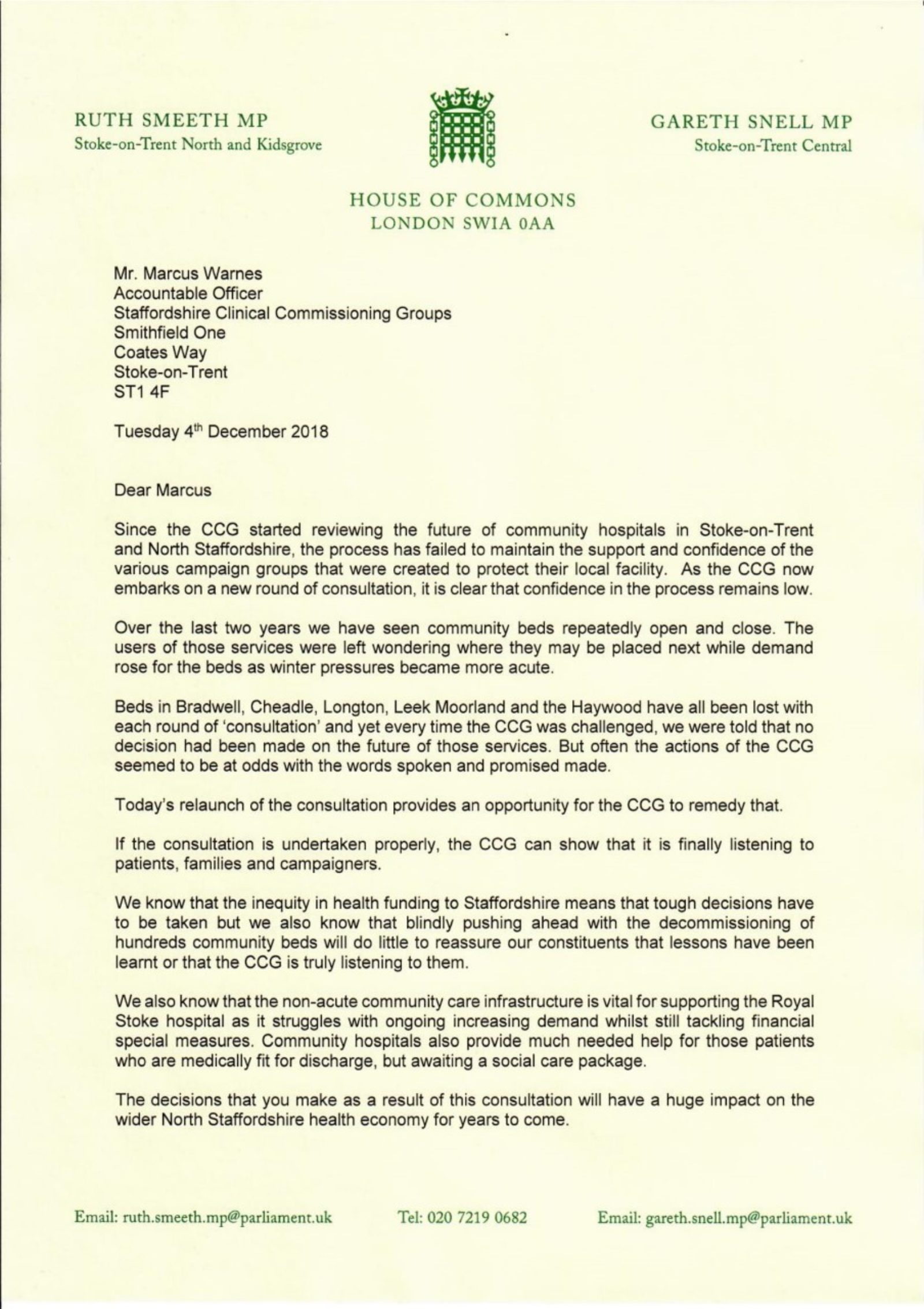Gareth Snell and Ruth Smeeth letter to CCG