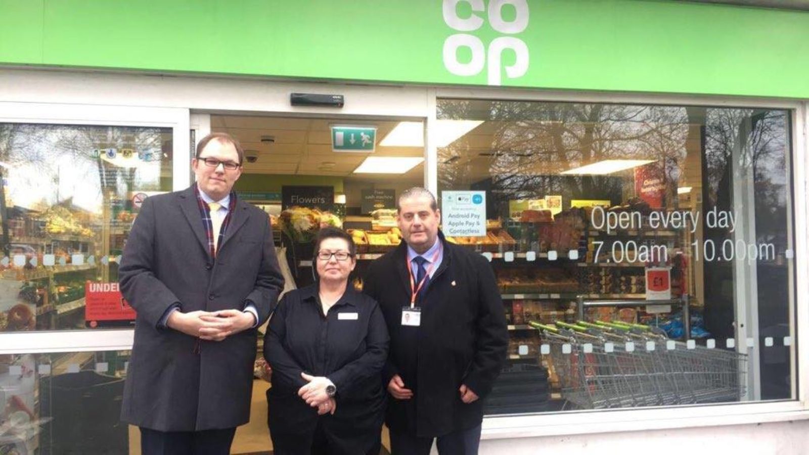 Gareth outside the Co-Op store in Penkill with Debra an employee and Paul from Usdaw Union.