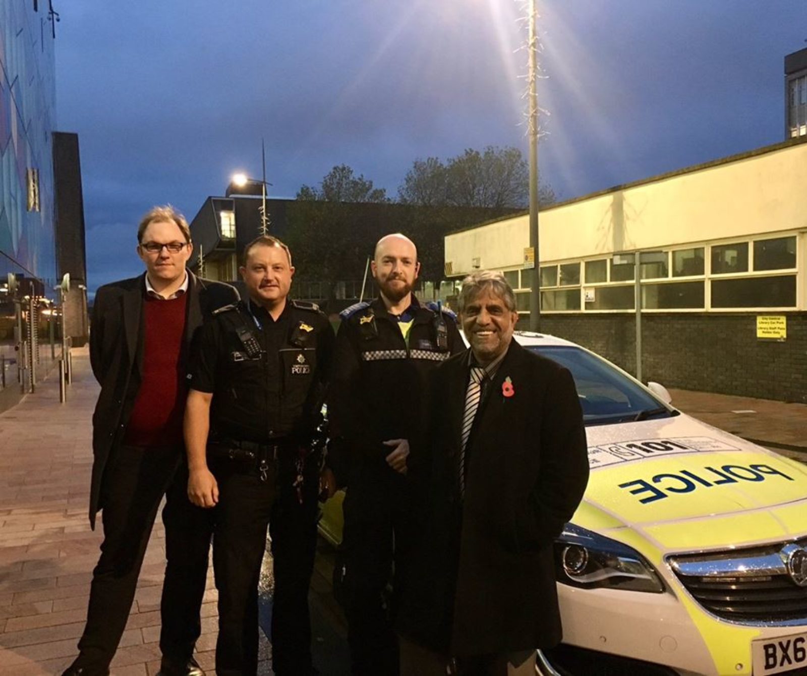 Gareth with two police officers and Councillor Khan, in Shelton.